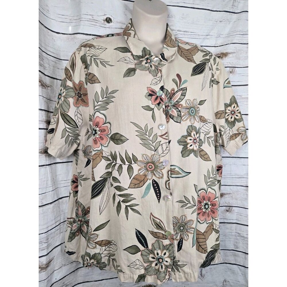 Hot Cotton Marc Ware Floral Linen Blend Top 3X Coastal Button Up Short Sleeves - Picture 2 of 7